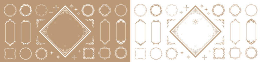 ゴールドのフレームデザイン。アンティークやヴィンテージスタイルの装飾。見出しや罫線のデザインセット