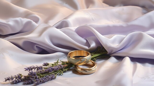 a couple of gold wedding rings sitting on top of a white cloth next to a couple of lavender flowers on top of a white satin table cloth with a couple of gold wedding rings on top.