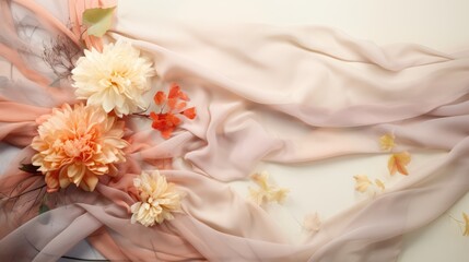  a bouquet of flowers sitting on top of a pink and white cloth with butterflies flying around it on top of a white surface with a pink and orange flower on the bottom.