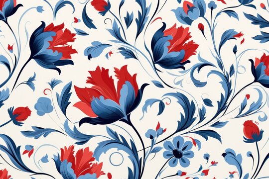 Abstract floral pattern. Blooming red and blue flowers on a light background