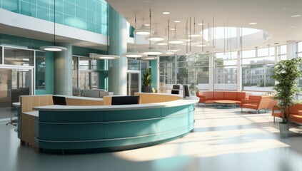 A Modern Office Lobby with a Curved Counter and Vibrant Orange Chairs