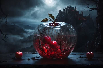 Fotobehang  a glass apple on a table sitting under a castle © SynchR