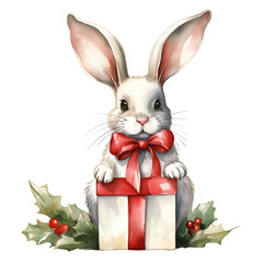 Obraz premium adorable bunny with a red bow and Christmas gift watercolor illustration on white background