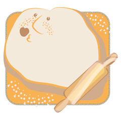 Roll out the dough. Knead the dough. A character from the test. Cook from flour and make dough. Knead with a rolling pin. Homemade food and cooking pies and pizza. Rolling pin, board, flour.