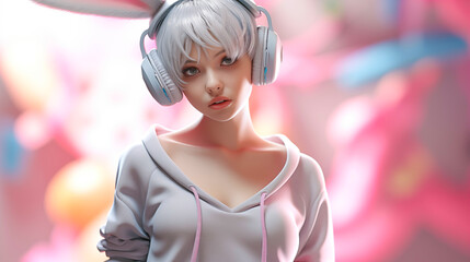 portrait of a cool girl  with  short hair and headphone ,anime face , stylish  hoodie suit ,defocused pastel  background ,digital art  for fashion season  - obrazy, fototapety, plakaty
