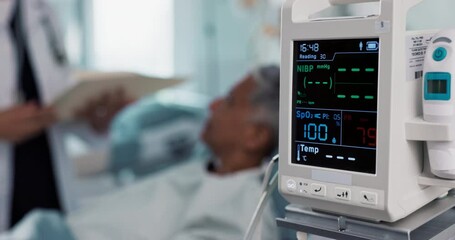 ECG, screen and machine of patient with doctor in hospital for consultation for healthcare information. Heart rate monitor, digital EKG technology and electrocardiogram of people in emergency room - Powered by Adobe