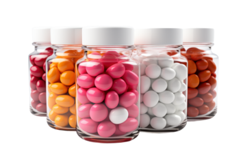Colorful pills in glass bottles, isolated 