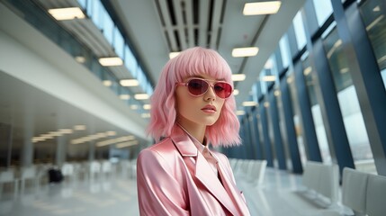 pink haired woman wearing pink, posing in a big lobby or airport hall. Generative AI