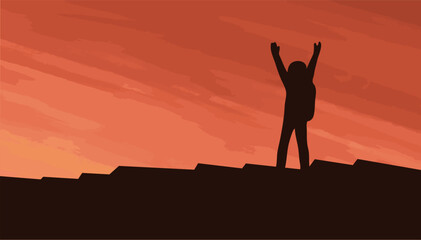 Man has conquered the planet Mars. Silhouette of an astronaut against the red sky. Victory of science and technology. Futuristic vector art illustration