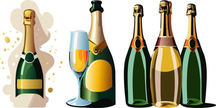 Conjunto de botellas de champan para una celebración con fondo transparente 01