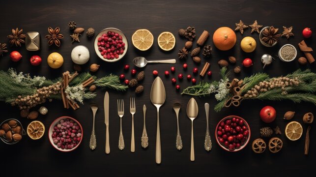  a table topped with lots of different types of utensils and a bowl filled with cranberries, oranges, pine cones, pine cones, cinnamons, and oranges.