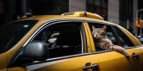 Cat peeks out the window of a yellow New York taxi.
