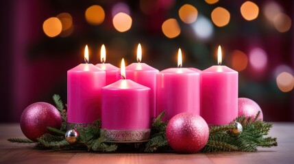 Obraz na płótnie Canvas a group of pink candles sitting on top of a wooden table next to christmas ornaments and a christmas tree with lights in the background of a blurry boke.
