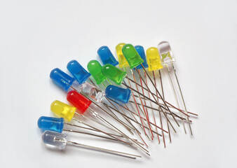 Bunch of LEDs of different colors. Semiconductor lamps in yellow, blue, red, green and transparent colors.