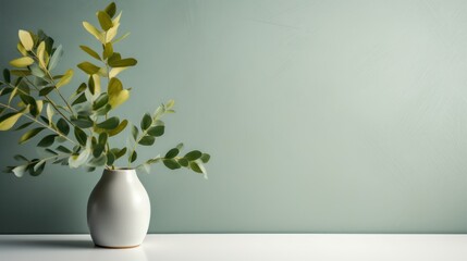  a white vase filled with green leaves on top of a white table next to a green wall and a green wall behind the vase is a white vase with green leaves. - obrazy, fototapety, plakaty