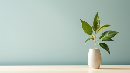  a potted plant in a white vase on a white table with a blue wall in the background and a light blue wall in the corner of the room behind.