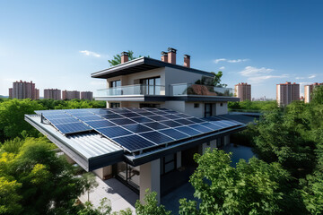 Sustainable Living Modern Eco-Friendly Passive House with Rooftop Solar Panels in Urban Setting. created with Generative AI