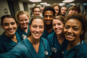 Medical Team Moments Group of Doctors and Nurses Capturing a Joyful Selfie in the Hospital Corridor. created with Generative AI