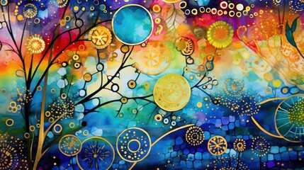  a painting of a colorful landscape with lots of bubbles and bubbles in the air, and a tree with lots of bubbles in the air, in the foreground.