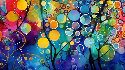  a painting of a colorful tree with lots of bubbles in the air and a lot of water droplets on the top of the tree and bottom of the tree branches.