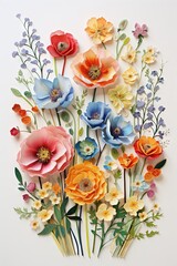 Fototapeta premium Beautiful decorative abstract assorted pressed multicolored flowers, grass. Seamless floral pattern on a plain background. Great as vectors, wallpaper or background. Generative AI, AI