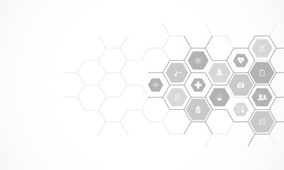 Obraz premium Medical background and healthcare technology with flat icons and symbols. Design template of concept and idea for health care business, innovation medicine, health safety, science. Illustration