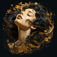 round illustration fantasy woman on black background