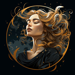 round illustration fantasy woman on black background