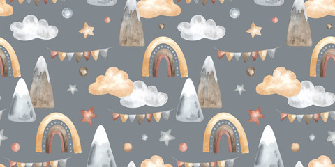 Seamless pattern with Mountains and Rainbows for Baby shower in pastel colors. Hand drawn watercolor pattern with clouds and stars for kid fabric on isolated background. Drawing for childish design. - obrazy, fototapety, plakaty