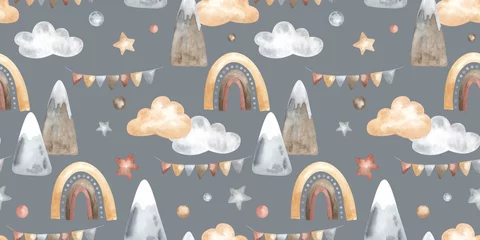 Cercles muraux Montagnes Seamless pattern with Mountains and Rainbows for Baby shower in pastel colors. Hand drawn watercolor pattern with clouds and stars for kid fabric on isolated background. Drawing for childish design.