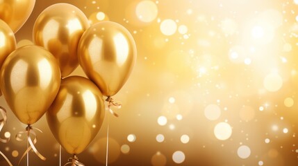  a bunch of gold balloons floating in the air with a boket of light in the back ground and a boket of light in the back ground.