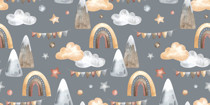 Fototapeta Seamless pattern with Mountains and Rainbows for Baby shower in pastel colors. Hand drawn watercolor pattern with clouds and stars for kid fabric on isolated background. Drawing for childish design.