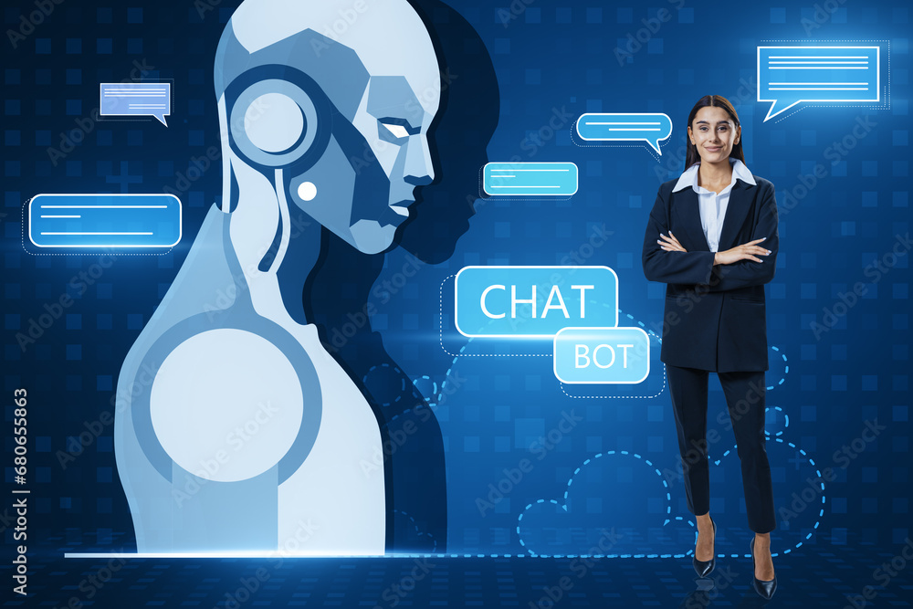 Poster portrait of happy young european businesswoman with creative glowing robot and chat ai hologram on b