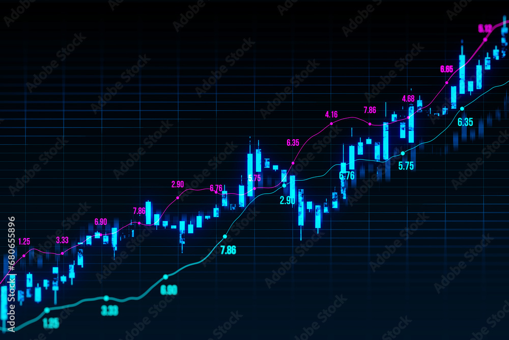 Poster creative glowing upward candlestick forex chart on dark grid background. trade, finance and money co