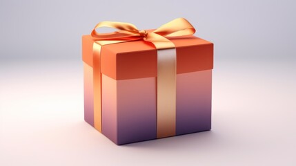 Fototapeta premium a purple and orange gift box with a gold ribbon and a bow on the top of the box is sitting on a white surface with a light gray back ground.
