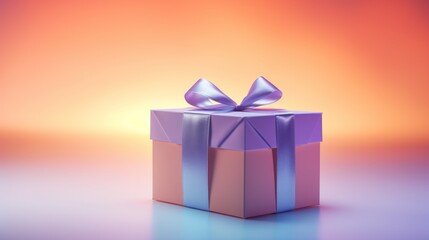  a purple and pink gift box with a purple bow on a purple and pink background with a light reflection on the top of the box and bottom of the box.