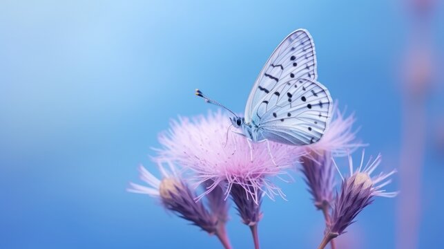  a close up of a butterfly on a pink flower with a blue sky in the backgrounnd of the image is a close up close up of a butterfly on a pink flower with a blue sky in the background.