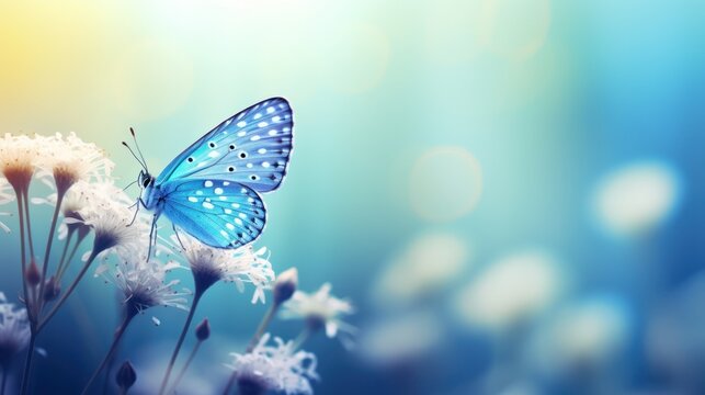 Fototapeta  a blue butterfly sitting on a flower in a field of white dandelions with a blue and yellow boke of light shining in the back of the background.