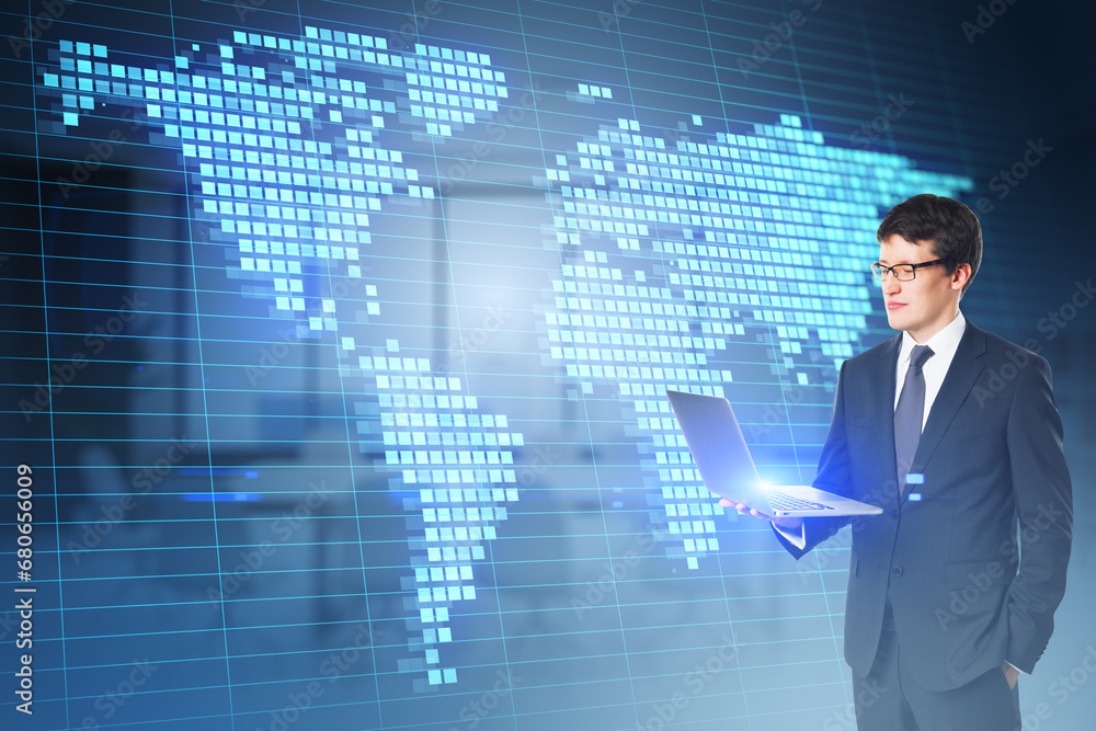 Poster attractive young european businessman using laptop with glowing digital pixel squares map of the wor