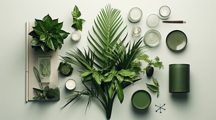  a table topped with lots of green plants next to a container of candles and a container of candles on top of a table next to a container of candles and a potted plant. - obrazy, fototapety, plakaty