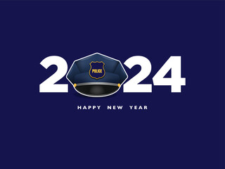 Police cop New Year 2024 Web Banner Poster Design, 2024 New Year number logo with Police cop officer cap, Soldier cap, Happy New Year 2024 on an isolated background