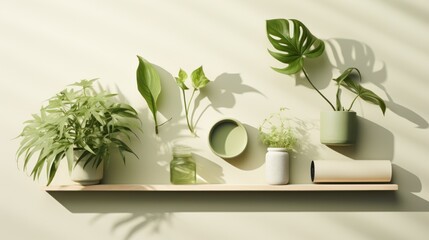  a shelf with a variety of potted plants sitting on top of it next to a wall with a shadow cast on the wall and a light shining on the wall behind it.