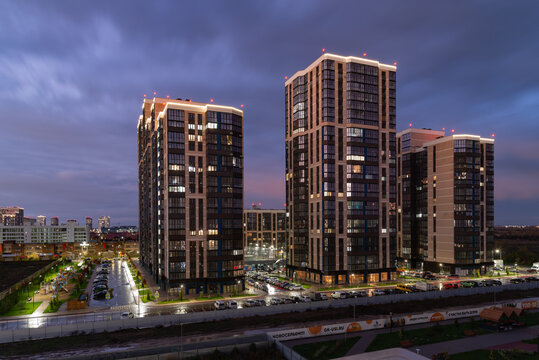 Night landscape of the Lyubimovo microdistrict in Krasnodar, Russia