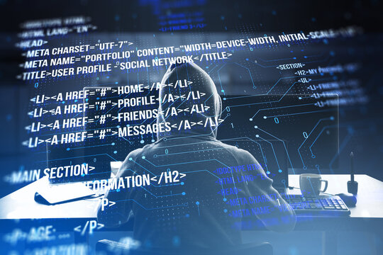 Back view of hacker using computers at desk with creative digital programming language on blurry background. Software developer, hacking, malware and html concept. Double exposure.