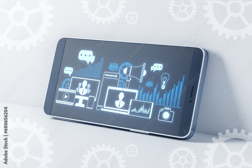 Poster close up of cellphone with creative digital marketing hologram on blue background. promotion and ana