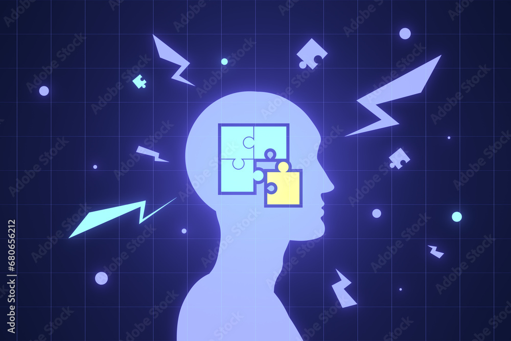 Poster Creative digital head with puzzle on blue background. Idea and solution concept. 3D Rendering.