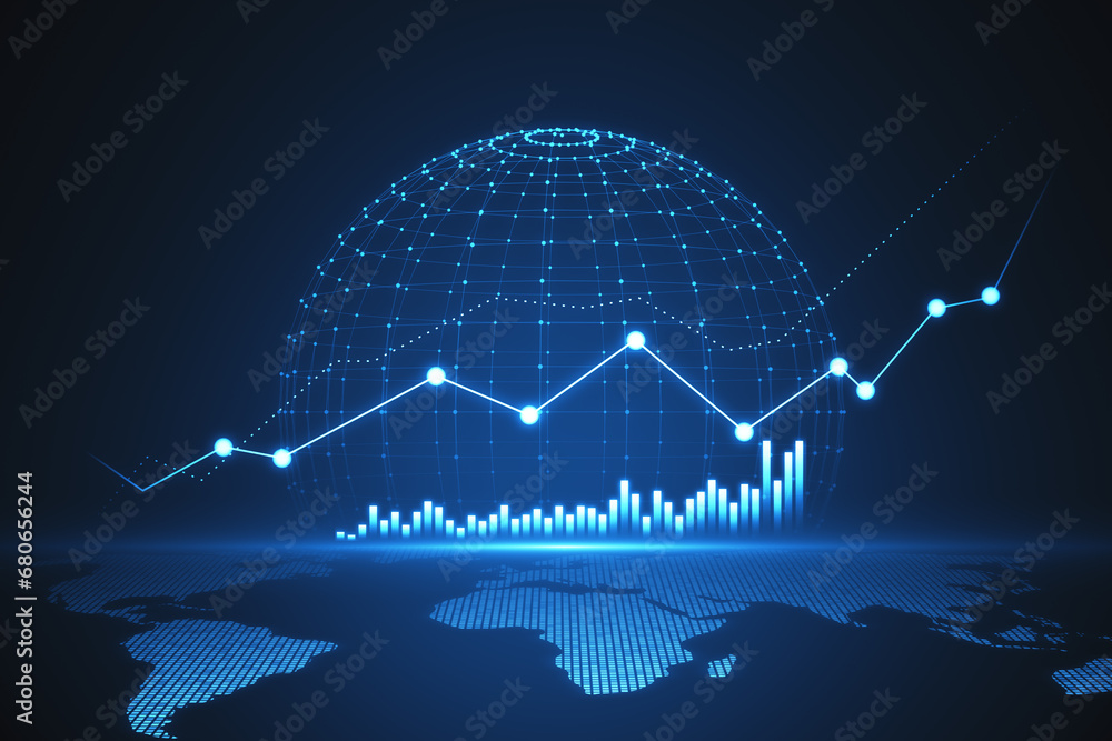 Poster Digital globe with rising stock market trend lines. 3D Rendering