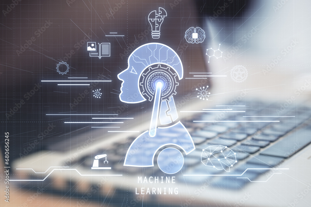Poster Close up of laptop computer with glowing robot head and icons on blurry background. Chat GPT, machine learning and AI concept. 3D Rendering.