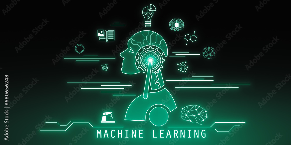 Poster Glowing robot head and icons on dark blurry wallpaper. Chat GPT, machine learning and AI concept. 3D Rendering.