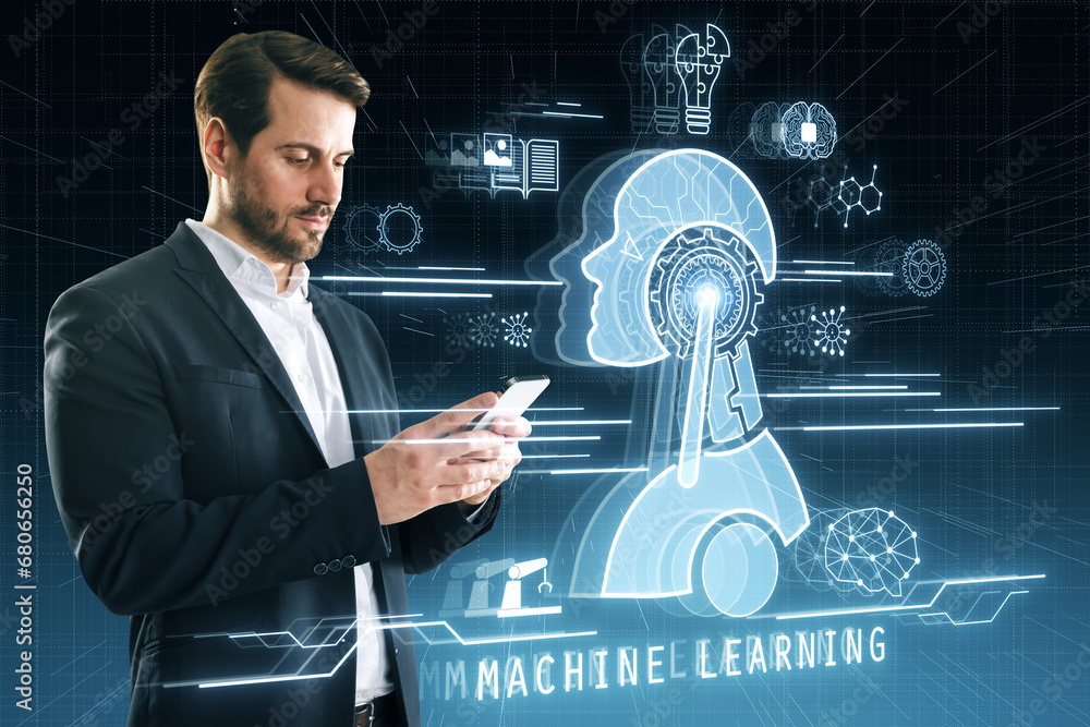 Poster attractive young european businessman using cellphone with glowing robot head and icons on dark blur